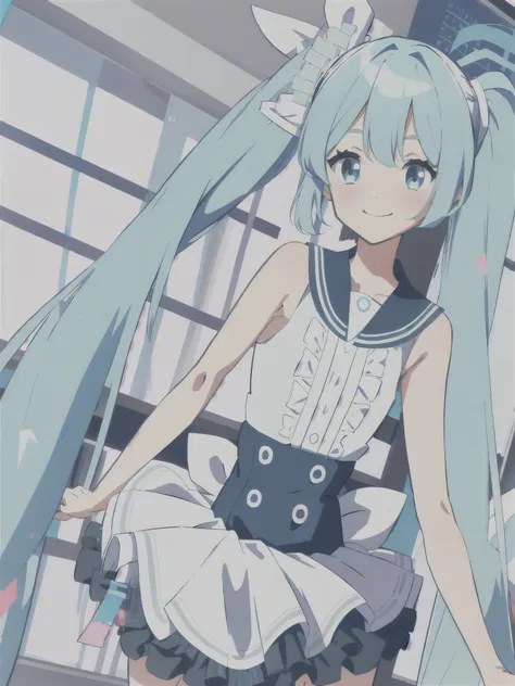 buruaka miku, bangs, twintails, aqua hair, hair ornament, very long hair, blue eyes, frills, sleeveless, sailor collar, sleevele...