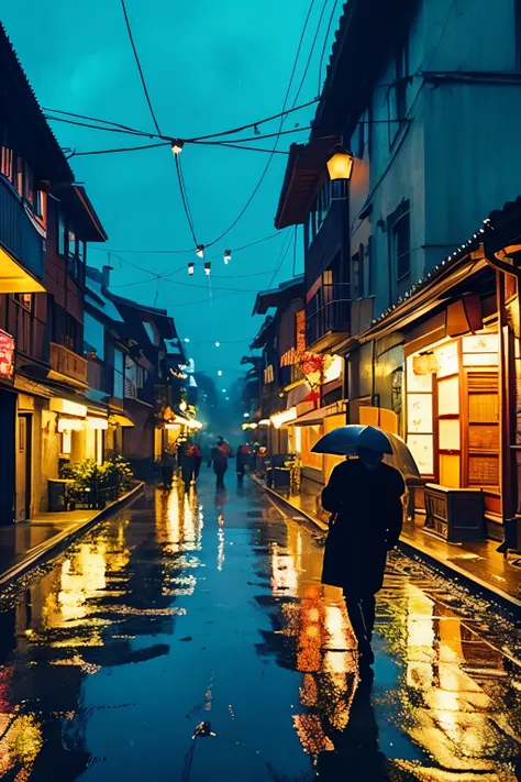 A village with lots of lights on the buildings々nice view, dreamy chinatown, chinese village, awesome wallpaper, Japanese street, japanese village, very realistic city pictures, old asian village, Japanese cities, Written by Raymond Han, rainy evening, cybe...