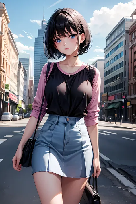 1girl, short black hair, blue eyes, wearing plain pink shirt, short skirt, city, absurdres, high res, ultrasharp, 8K, masterpiece, looking at viewer