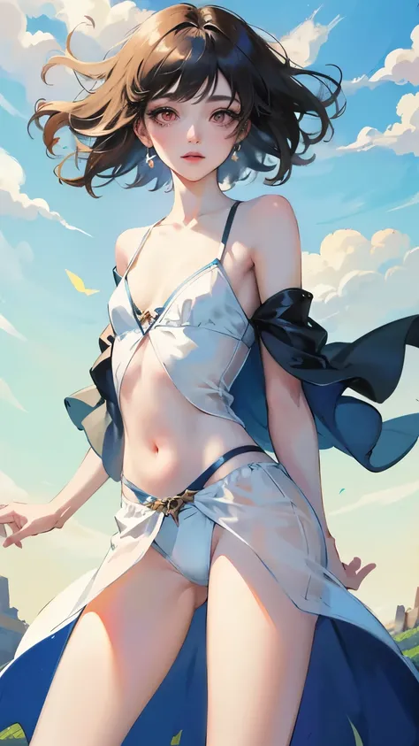 young girl　black hair　short hair　red eyes　irreverent face　look down　thin body　thin thighs　small breasts　small ass　toned body　blue sky　cloud　hair blowing in the wind　high quality　High resolution　8K　vampire　watercolor　natural feel　bridge of the nose　((最high ...