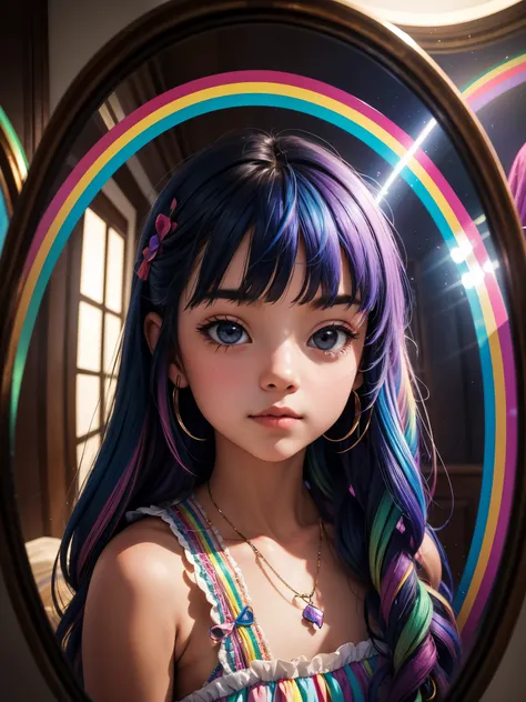 a girl is posing cute in the room of mirrors, intricately reflecting rainbow-colored light,