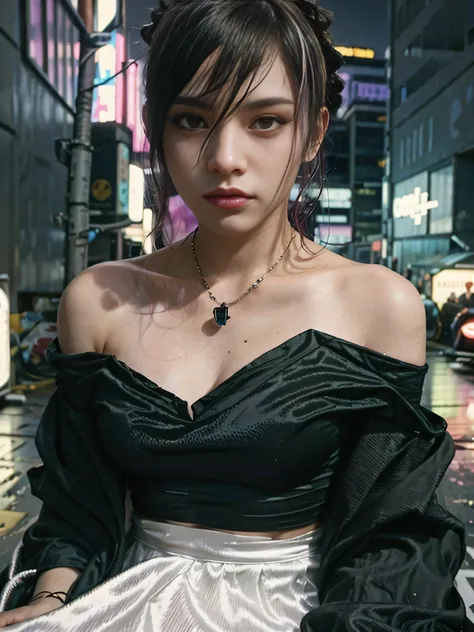 a woman in a off shoulder kimono sitting on the street, cyberpunk art style, cyberpunk 2 0 y. o model girl, hyper-realistic cyberpunk style, cyberpunk vibes, cyberpunk style ， hyperrealistic, cyberpunk beautiful girl, cyberpunk art ultrarealistic 8k, cyber...