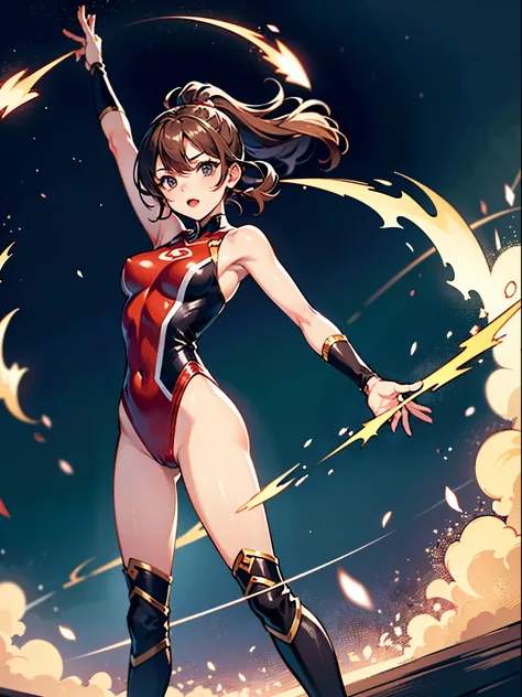 masterpiece, best quality, 1girl, superhero, gymnast_outfit leotard, bare legs, knee boots, matching boots, heroic, standing, body infused with energy, light particles, solo, single, cowboy shot, perfect anatomy, brown hair, beautiful detailed eyes, spread...