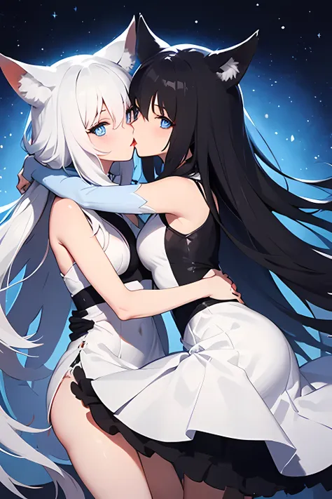 foxgirl, white dress, blue eyes, black hair with blue highlights, kissing a girl.