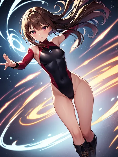 masterpiece, best quality, 1girl, superhero, gymnast_outfit leotard, bare legs, knee boots, matching boots, heroic, standing, body infused with energy, light particles, solo, single, cowboy shot, perfect anatomy, brown hair, beautiful detailed eyes, spread...