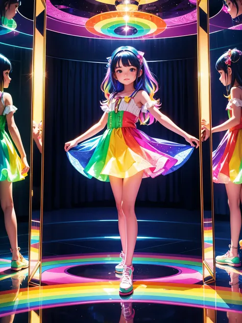 a girl is posing cute in the room of mirrors, intricately reflecting rainbow-colored light, full body