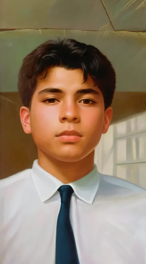 there is a man in a tie and shirt with a picture of him, around 1 9 years old, a colorized photo, portrait a 1 5 - year - old boy, jose miguel roman frances, tommy 1 6 years old, taken in the early 2020s, ronaldo luis nazario de lima, portrait of 1 5 - yea...