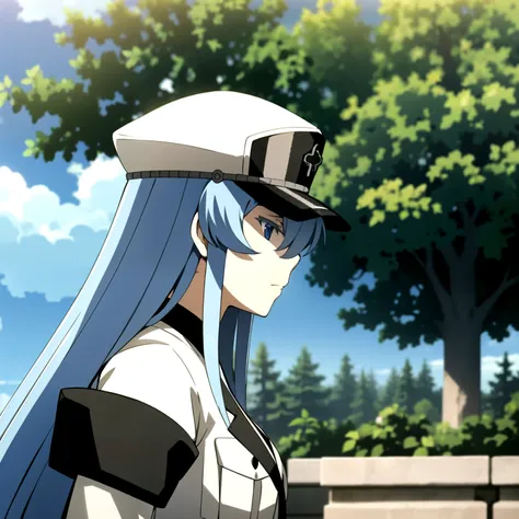 esdeath, senos, grande_senos, tiene, escote, al aire libre, cielo, nube, uniform, de_side, tree, militar, militar_uniform, perfi...