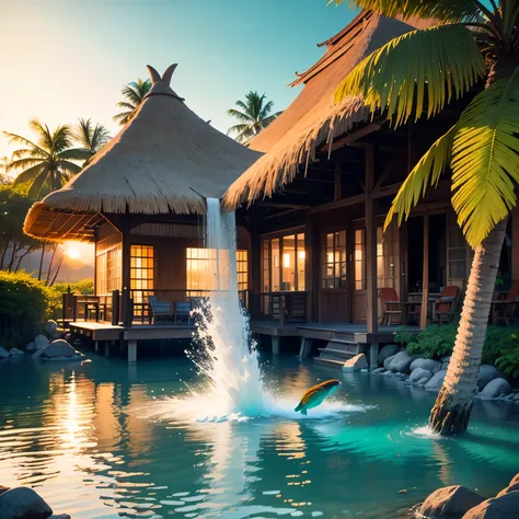 A painting depicting a paradise-like environment on a tropical island, White sandy beaches and clear turquoise waters.
expensive, Thin palm trees line the shore, swaying in the wind.
thatched hut by the sea, with hammock, enchanting relaxation.
wide variet...