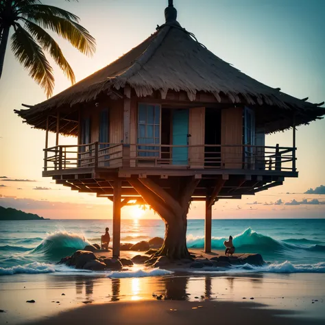 A painting depicting a paradise-like environment on a tropical island, White sandy beaches and clear turquoise waters.
expensive, Thin palm trees line the shore, swaying in the wind.
thatched hut by the sea, with hammock, enchanting relaxation.
wide variet...