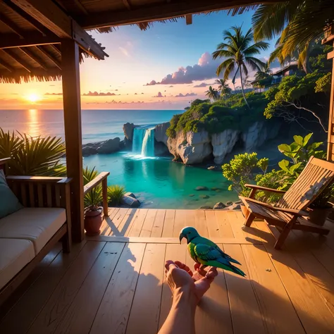 A painting depicting a paradise-like environment on a tropical island, White sandy beaches and clear turquoise waters.
expensive, Thin palm trees line the shore, swaying in the wind.
thatched hut by the sea, with hammock, enchanting relaxation.
wide variet...