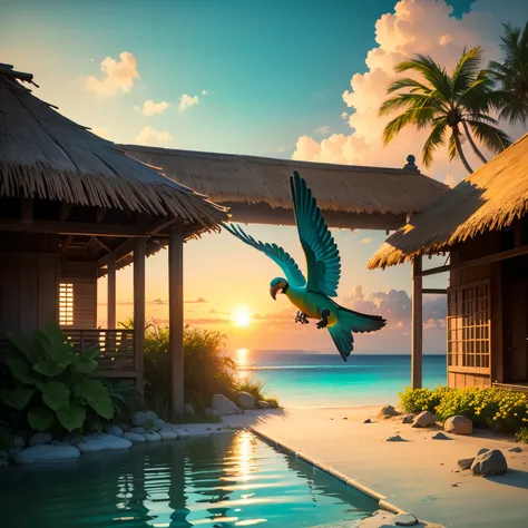 A painting depicting a paradise-like environment on a tropical island, White sandy beaches and clear turquoise waters.
expensive, Thin palm trees line the shore, swaying in the wind.
thatched hut by the sea, with hammock, enchanting relaxation.
wide variet...