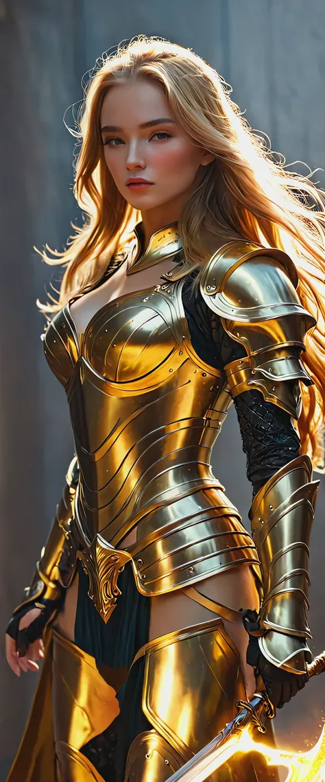 blonde with long hair in golden armor full length