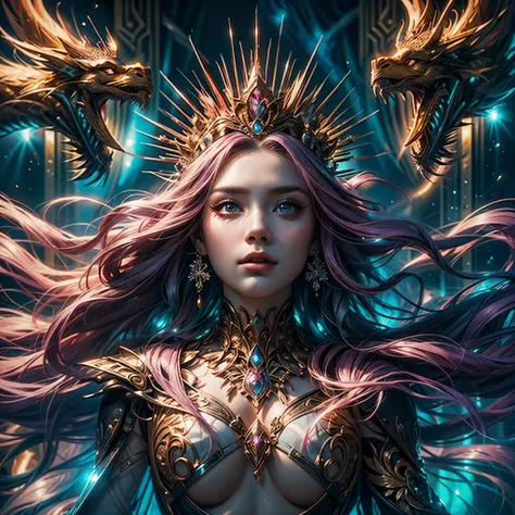 32K（tmasterpiece，k hd，hyper HD，32K）Purple-pink flowing hair，Gold jewelry area in the back room，King Girl ，Rusty Copper Dragon Protector （realisticlying：1.4），Python pattern robe，Purple-pink tiara，Snowflakes fluttering，The background is pure，Hold your head h...