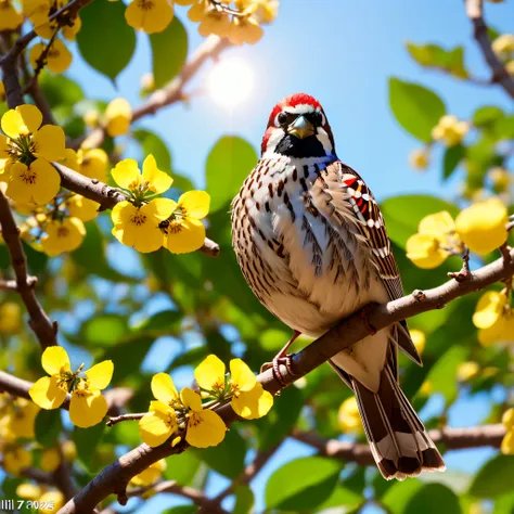 sunset "sparrow bird with open wings spread upwards perched on a cherry blossom branch, top tmasterpiece of superior high-qualit...