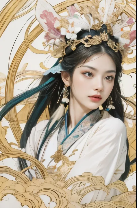 (masterpiece, top quality, best quality, official art, The face is beautiful and beautiful:1.2), (1 Chinese goddess，Change fairy:1.5), Very detailed,(Dunhuang art:1.1),(Dunhuang is rich and colorful:1.1)(flowers:1.3),most detailed,(Chinese mythological pai...