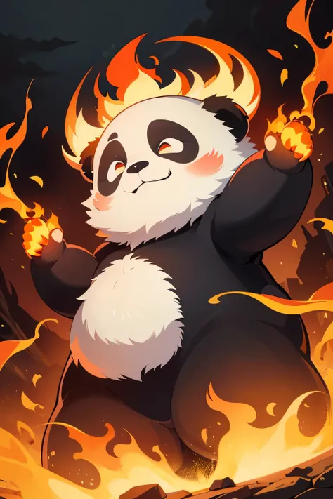 masterpiece, best quality, ultra high res, terrifyingly cute panda, grinning widely, flaming orange wings, campfire, ominous warm lighting, enchanting and yet unsettling, hand on its round, polished chest, brows furrowed in a slight frown, head tilted to t...