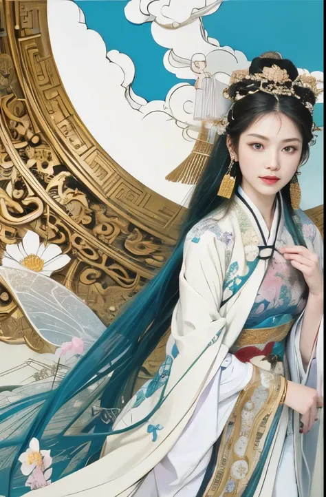 (masterpiece, top quality, best quality, official art, The face is beautiful and beautiful:1.2), (1 Chinese goddess，Change fairy:1.5), Very detailed,(Dunhuang art:1.1),(Dunhuang is rich and colorful:1.1)(flowers:1.3),most detailed,(Chinese mythological pai...