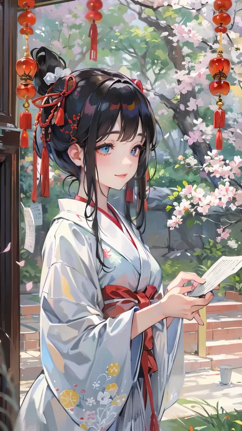 perfect anatomy, masterpiece:1.2, best quality, 8k, beautiful detailed grow, daydreaming expression, Dazaifu Tenmangu Shrine, A stream in a plum orchard, break, ((hand holding a paper, Write wish on a strip of paper)) solo:1.3 ((blunt bangs)) (black hair l...