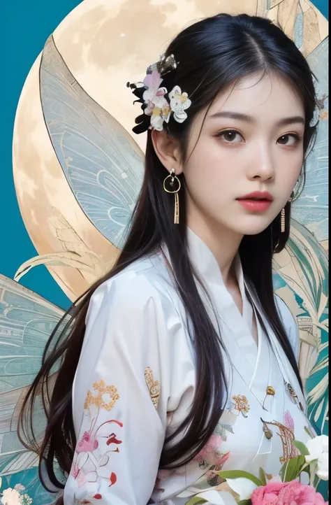 (masterpiece, top quality, best quality, official art, The face is beautiful and beautiful:1.2), (1 Chinese goddess，Change fairy:1.5), Very detailed,(Dunhuang art:1.1),(Dunhuang is rich and colorful:1.1)(flowers:1.3),most detailed,(Chinese mythological pai...