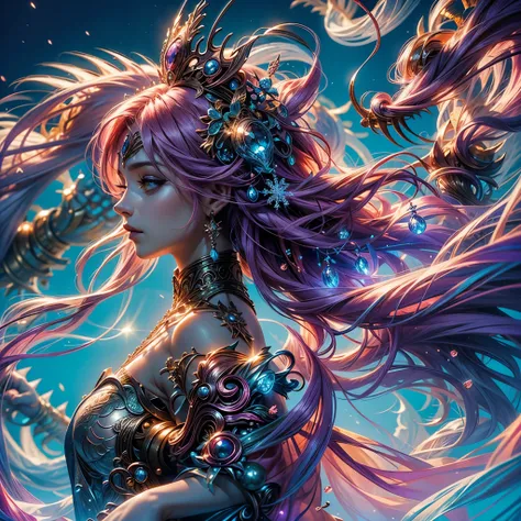 32K（tmasterpiece，k hd，hyper HD，32K）Purple-pink flowing hair，Gold jewelry area in the back room，King Girl ，Rusty Copper Dragon Protector （realisticlying：1.4），Python pattern robe，Purple-pink tiara，Snowflakes fluttering，The background is pure，Hold your head h...