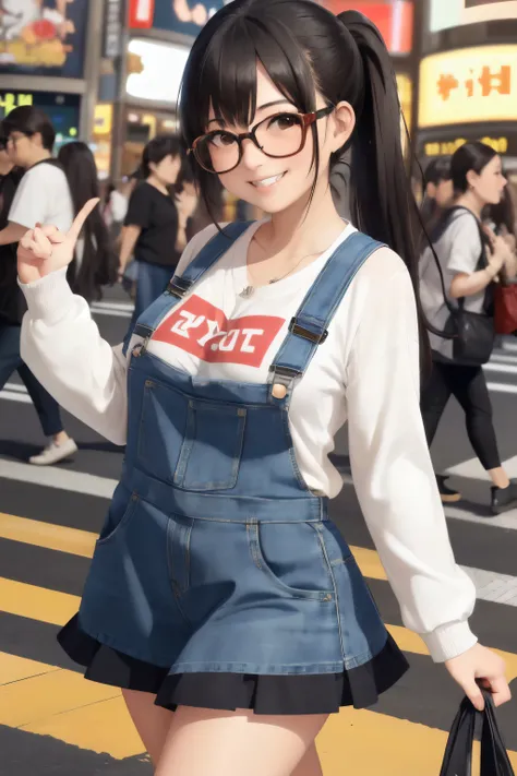 ((wide angle)), beautiful female tourist, black hair in a ponytail, smooth, wearing large glasses, smile, ((Wearing a large short skirt, the overall was bright., Shibuya Scramble Intersection