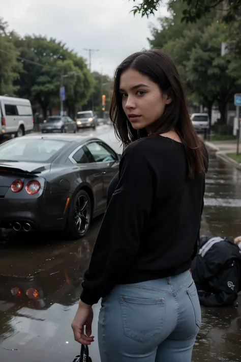 Describe la escena de un joven con capucha, estilo pixar vistiendo una sudadera negra y jeans, parado en la acera en una noche lluviosa. He is looking at a shiny GTR R35 car passing by on the road.., Your admiration visible in your eyes.. La luz de los far...