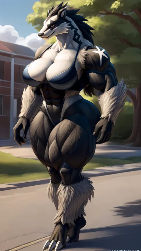 (best quality,ultra-detailed,realistic:1.37), solo, anthro obstagoon, nude, muscular female, muscular arms, muscular legs, muscular thighs, big breasts, wide hips, big butt, big hips, werewolf feet, tall figure, curvy figure, thick figure, bulky figure, st...