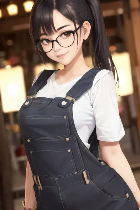 ((best quality)), ((masterpiece)), (detailed), perfect face, ((wide angle)), beautiful female tourist, black hair in a ponytail, bangs, wearing large glasses, smirk, shoulder. Camera, ((provocatively large dungareeorning light, Phuket city scene