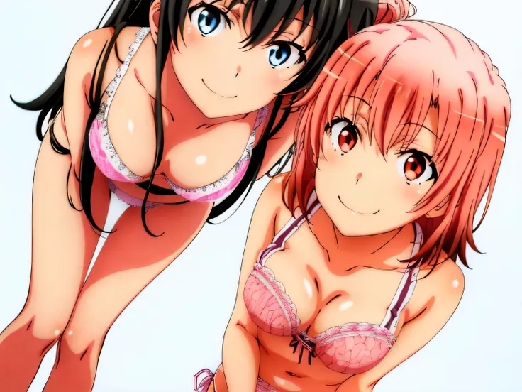 2 girls , (yuigahama yui&#39;bust and thighs are great),(Yukinoshita Yukino),,In underwear,they have their hands behind their backs,good,belly button,,(white panties),(pink panties),(thighs),knees,((high angle)),(beautiful eyes),look at the camera,open you...