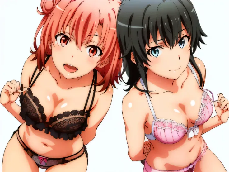 2 girls , (yuigahama yui'bust and thighs are great),(Yukinoshita Yukino),,In underwear,they have their hands behind their backs,good,belly button,,(white panties),(pink panties),(thighs),knees,((high angle)),(beautiful eyes),look at the camera,open you...