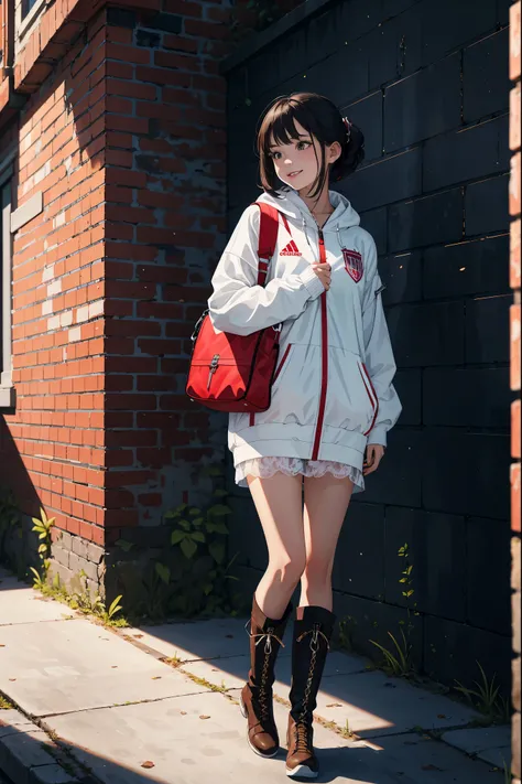 masterpiece,best quality,absurdres,depth of field,1girl,perfect body,looking side,smile,white long tulle skirt,white zipup boots,red soccer jersey,oversized jersey,a luxury brand shoulder bag,stand against the brick wall,full_shot,front view,dynamic_angle,