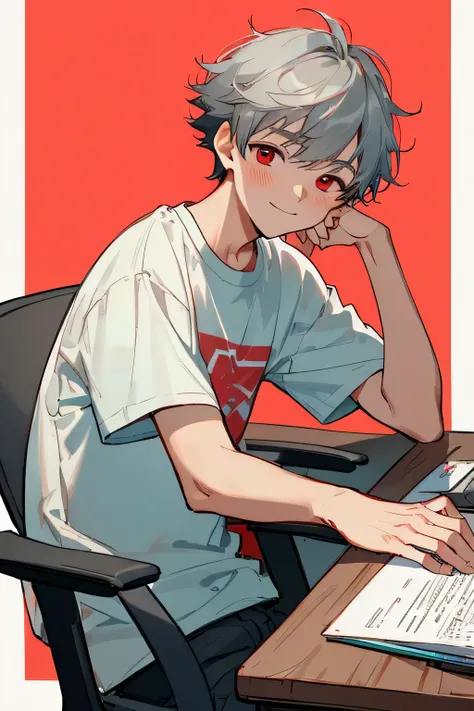 Laid-back smiling childish boy with gray hair and Red eyes, focused on PC work, High resolution image of Instagram icon, 1.0 scale, detailed, gray-haired boy, Red eyes, cheerful facial expression, I work at the computer, Background omitted, image of a boy,...