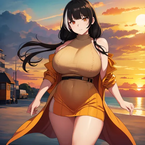 a woman in an orange dress, black hair, white bangs, big breasts, on a rooftop, with a beach in the background, sunset, artwork,...