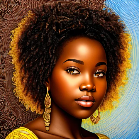 A captivating and intricately detailed portrait of a charming, chubby African woman with fluffy hair and expressive dark eye shadows. Her warm brown skin is beautifully textured, radiating a natural and inviting glow. In the style of contemporary African a...