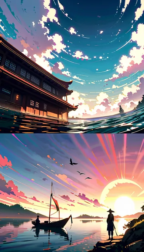 In this anime scene，A Chinese swordsman sits on the bow of an ancient ship，He wears black armor and hat，head resting on one arm。The huge sun in the sky shines brightly，The clouds show a gradient of lavender and white，Create a spectacular sunset scene。The boat sails slowly on the calm water，Buildings in the distance are illuminated by the setting sun，Adds a sense of mystery。Birds soar through the air，Add movement to the picture。The overall atmosphere is peaceful and mysterious，Be one with nature、with artistic elements，Presenting scenes that are both real and surreal。close-up composition，Character and ship alignment，depth of field。