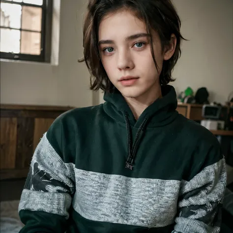 A boy, looking, half messy hair, wolf cut hair, green eyes, taking a photo, black sweatshirt, long sleeve, 4K, 8K, half big lips, taking the camera, cute eyes, 1 teenager.