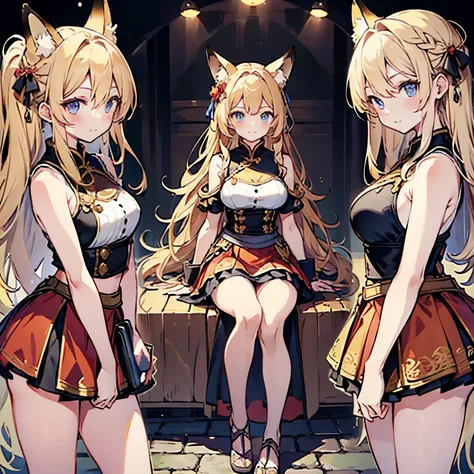 masterpiece: 1.6, highest quality: 1.4, intricate details: 1.2, Hand-painted Q version image，alone, (blonde), long hair, French braided long curly hair is cute，amount: 2.5, fox ears, fox tail: 4, deep blue eyes, bright eyes, big breasts, exposed thighs:1.7...