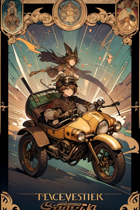 tarot card image style and iridescent colored gear, best quality, 8k, incredibly absurd, highly detailed, sepia painted retro motorcycle with sidecar, helmet and goggles, cute pet, shattered stained glass, steampunk, dieselpunk, clockpunk, blending art, mi...