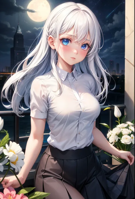 actual, 1 girl, white hair, blue eyes, glowing eyes, shirt, skirt, open lips, blush, Gym, flowers, night, moonlight, , biceps