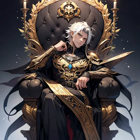 Me desenhe um homem . He is the king of the underworld and he sits on his throne, perdido em seus pensamentos profundos.. Em volta de seu trono a um cenario em chamas azuis e muitas caveiras. Ele esta vestido com uma armadura detalhada e bela