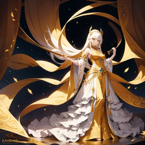 anime - style illustration of a woman in a long dress with a hat and a sword, cute anime waifu in a nice dress, dressed with long fluent clothes, ornate attire, very detailed and rich clothing, anime full body illustration, beautiful full body concept art,...