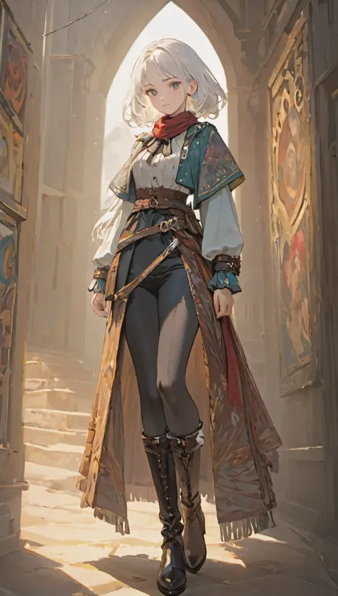 (white hair), multicolor patterned clothing, colorful clothing, female adventurer, game art style, (masterpiece 1:5),  colorful clothing 1:2, scarves, leather belts, half skirt over pants and boots, flowing blouse and leather corset, best quality, highres,...