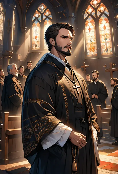 male pastor, martin luther, black robe, older, handsome gentleman, beard, brown hair, cross necklace, religion, church in backgr...