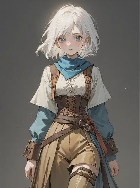 ((sparkling white hair)), white hair, female adventurer, game art style, (masterpiece),  (muted colorful clothing), scarves, lea...