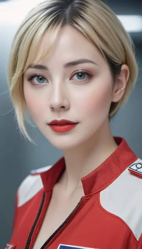 (((surreal woman)))、((very beautiful 30 year old white woman))、(((big cleavage)))、future female pilot、
short hair、blonde mature woman、Chubby body type、beautiful expression、detailed scarlet eyes、staying on a giant space station、red lips、((wear a red flight ...