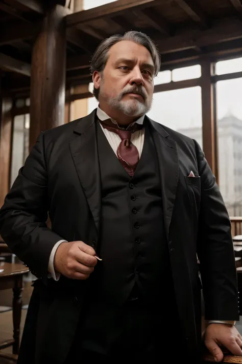  influential man from the victorian era. Described as a "Bully of Humility," he is rich: a banker, merchant, and manufacturer. old and fat with gray hair. very large vein in his temple.