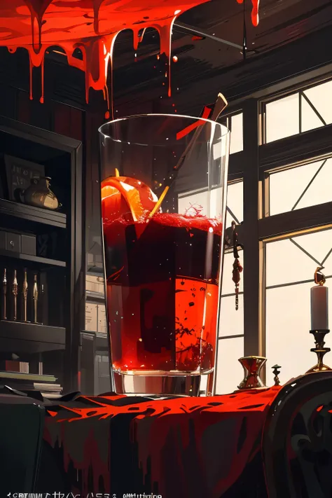 In the real image, presented in both high definition (HD) and eight thousand pixels (8K), you find a towering glass container filled to the brim with thick, vivid blood. The style takes inspiration from the Empire aesthetic, creating a visually captivating...