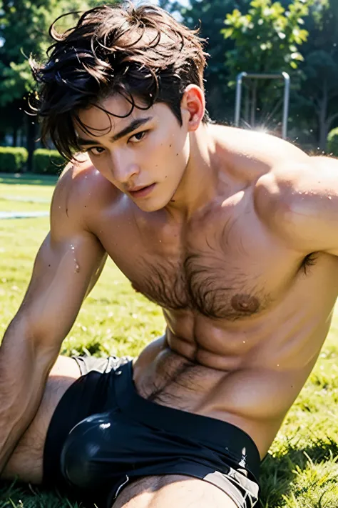 The sun shone on his body, Very wet body, Wearing SLEEVELESS T-SHIRT, pulling off HIS SHIRT exposing his sexy chest, Very hot sunny day, Fluffy chest, pink nipple, Curly hair , BLUSHING, SHY EXPRESION, blushing face, TOP POV, lying down on the sport field,...