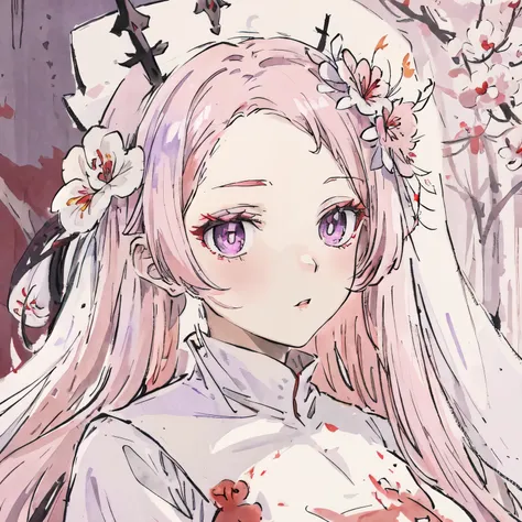 Virtuous person, lolita, wearing a white dress stained with red blood, surrounded by a blood cloak, anime girl, medieval, Wear a mimosa flower crown, white skin, long pink hair, violet eyes, nun, Holding a purple crystal stone